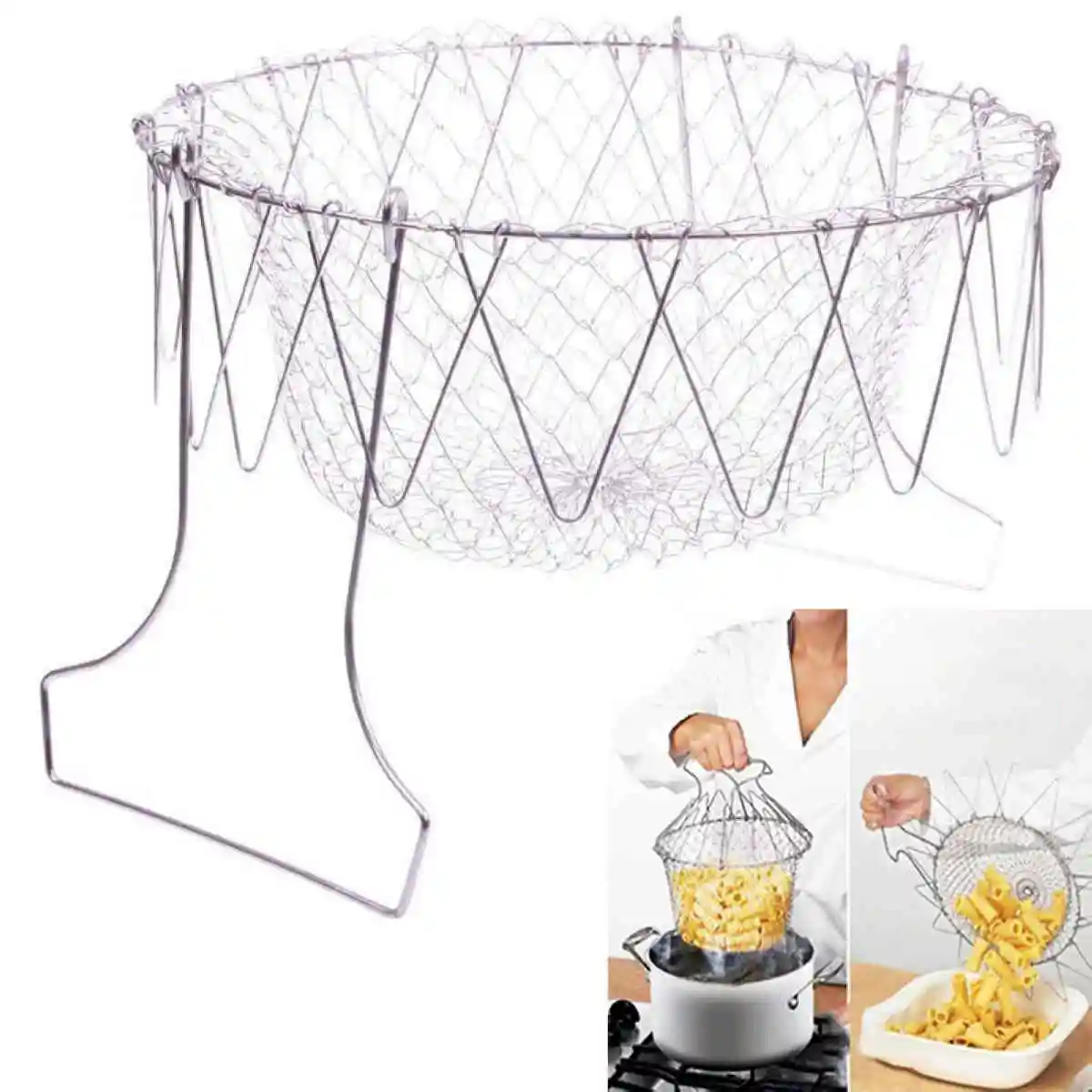 1pcs Foldable Fry Basket Steam Rinse Strain mesh basket Strainer Net Stainless Steel Colander Kitchen Cooking Tools 23x23 x12cm