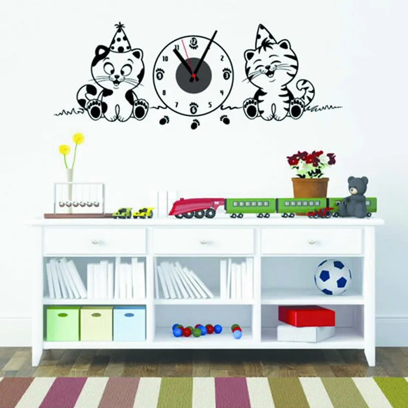 

Two Cute Kittens Wall Stickers Creative DIY Free Combination Cat Puzzle Mute Wall Stickers Clock White Black Color Home Decor