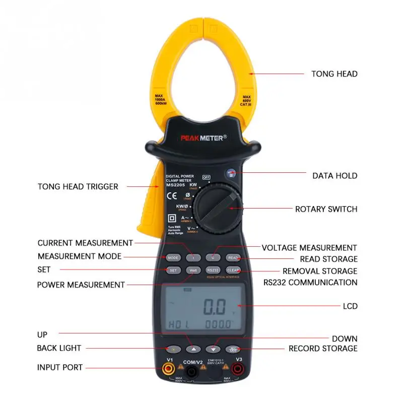 Трехфазный зажимный измеритель мощности PEAKMETER MS2205 многофункциональный