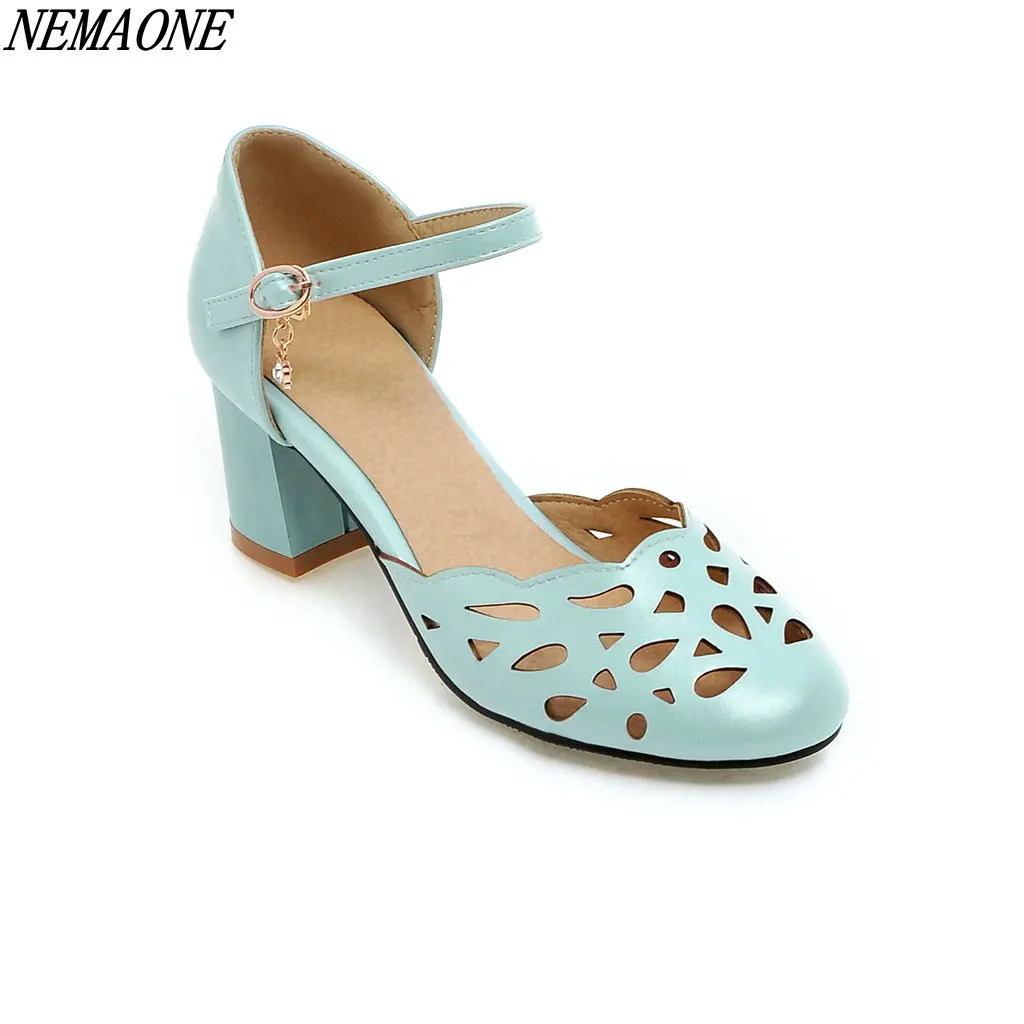 

NEMAONE 2018 New Leisure Square Toe Hollow out Women Pumps Buckle Strap Street Style Women shoes 6.5cm High heels