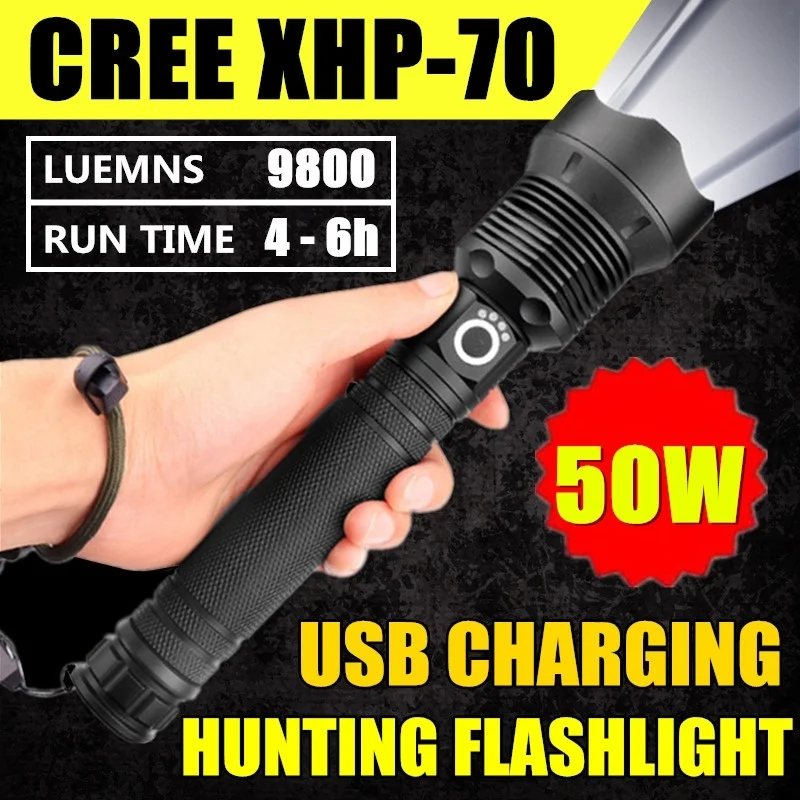 

50W CREE XHP70 Outdoor Hunting High Power LED Flashlight Telescopic Zoom USB Charging 26650 Ultra Bright Camping Tactical Torch