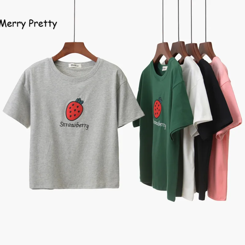 Merry Pretty, новинка, летняя женская футболка, модная, милая, с вышивкой клубники, хлопковые футболки, женские милые футболки, футболки для девочек, розовые Топы