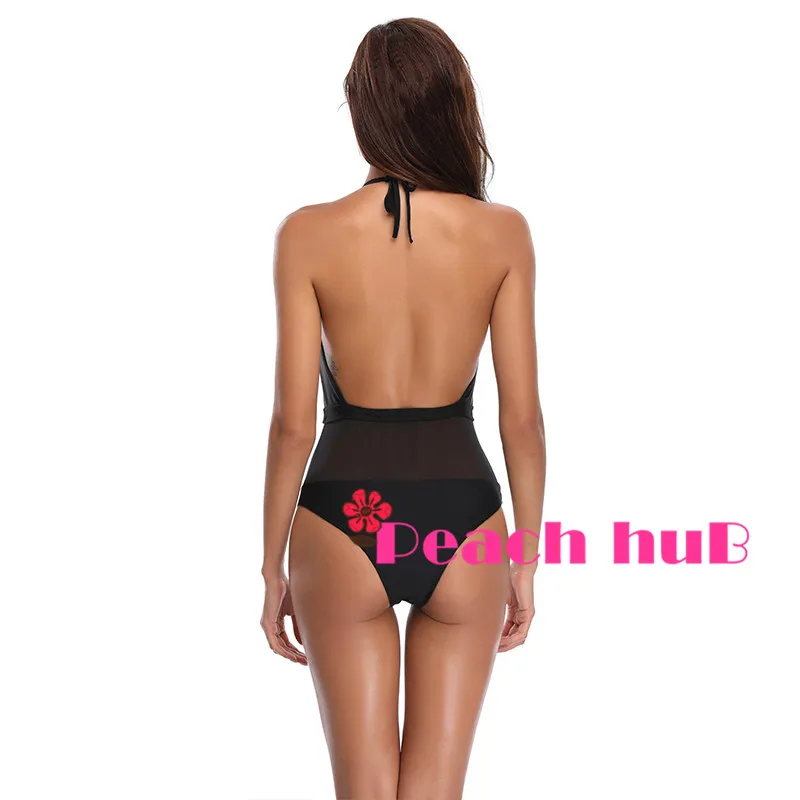 Sexy One Piece Swimsuit Whole Woman Swimsuit Mesh Transparent Swimsuit Black String Monokini Deep V Push Up Swimwear Women (7)