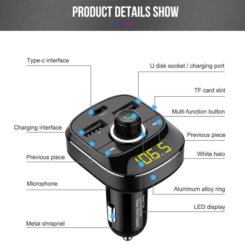 Vehemo type-C двойной USB Bluetooth автомобильный комплект MP3 Mic FM Портативный Музыка Handsfree