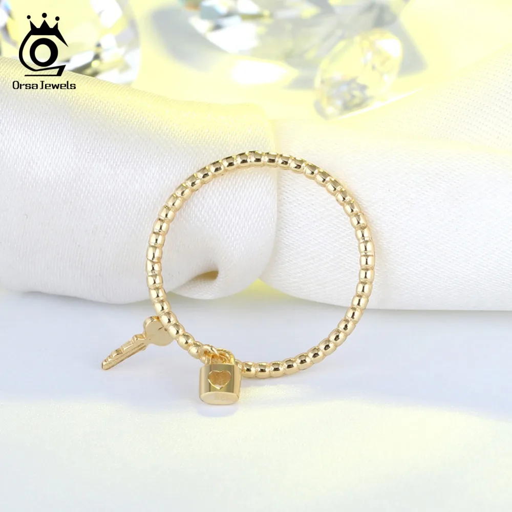 ORSA JEWELS Solid 925 Sterling Silver Rings For Women Key With Lock Shape 6MM Gold-color Luxury Shiny Female Party Jewelry SR104