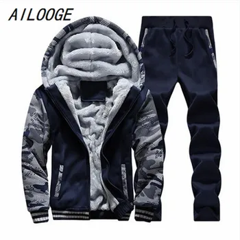 

AILOOGE 2017 Tracksuit Men Winter Thick Inner Fleece Hoodie Men Hat Casual Active Men Zipper Men Outwear 2PC Jacket+Pants