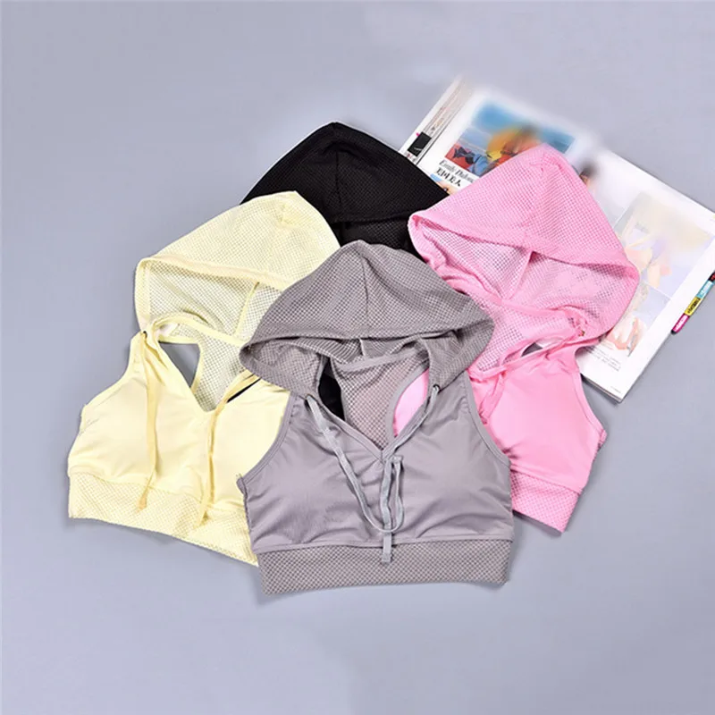 Pink Pulling Rope Shockproof Sports Bra Gym Hoodie Yoga Running Bra Tops Women Fitness Sport Tanks with Hat Sujetador Bralet