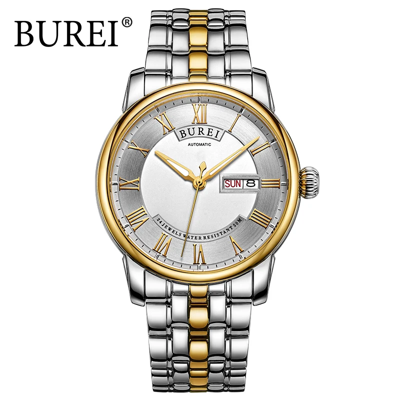 BUREI Luxury Fashion Watch Men Mechanical Analog 5ATM Waterproof Business Wristwatch Full Steel Male Clock Relogio Masculino