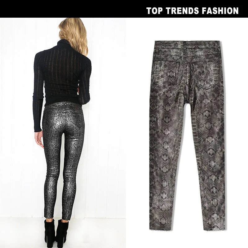 Женские джинсы с высокой талией, с эластичным покрытием, серебристые, со змеиным принтом, брюки из искусственной кожи, Осень-зима, женская одежда 2720