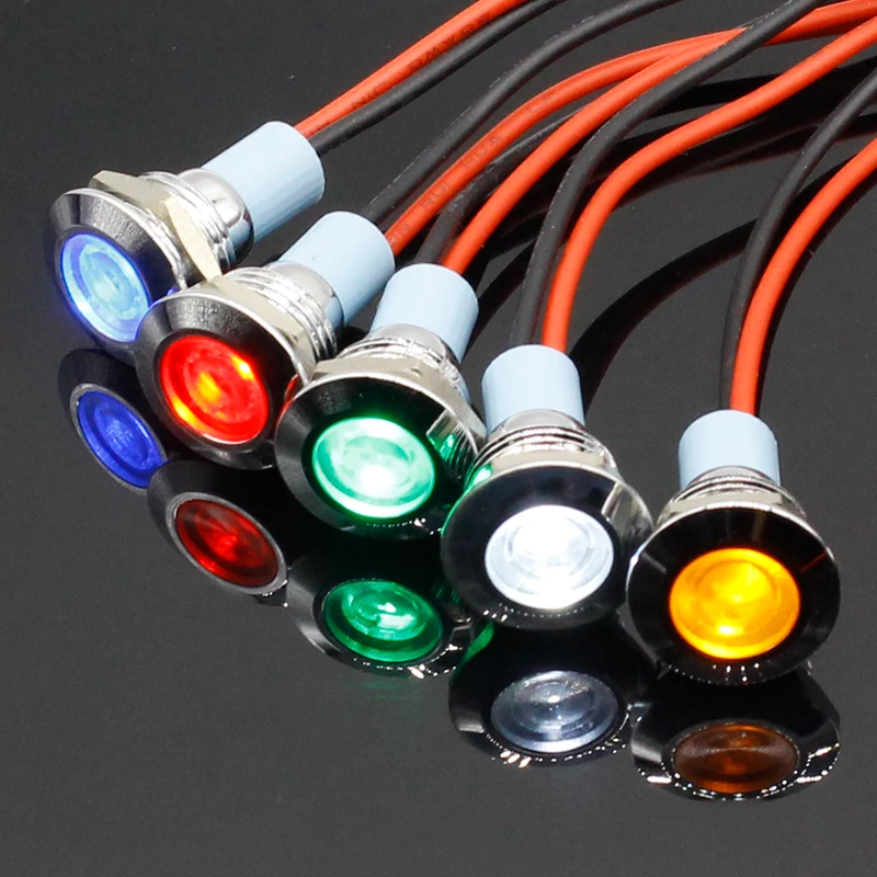 1 pièces Signal lumineux 3V 6V 12V 24V 220V 12mm indicateur circulaire plat en métal étanche avec fils rouge, jaune, bleu-vert