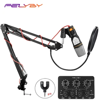 

HOT! FELYBY professional studio recording wired condenser microphone for computer and phone with Multi-function sound card