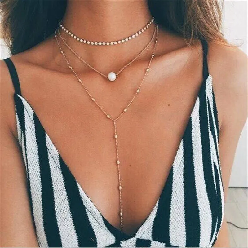 

New Boho Simulated Pearl Jewelry Multi Layer Beads Choker Necklaces for Women Pendant Vintage Fashion Bijoux Jewelry
