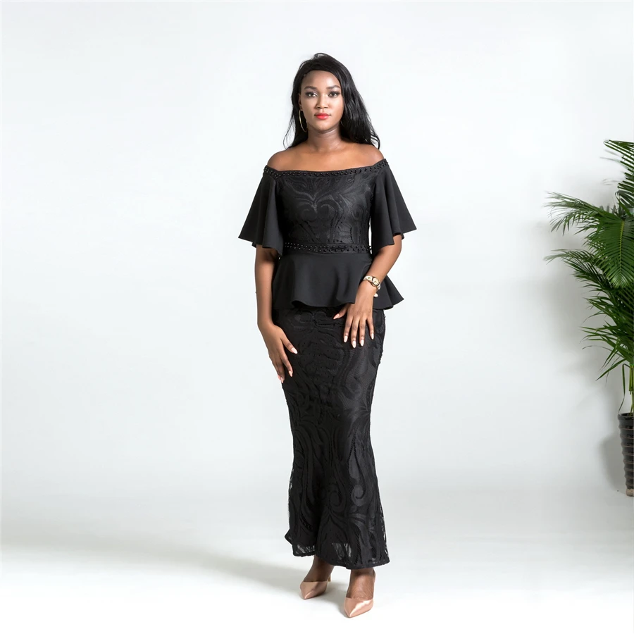

BAIBAZIN New African Woman Dress Word Collar Big Swing Lace Dress Retro High-end Bag Hip Sexy Pencil Skirt