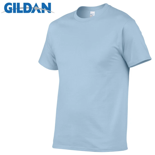 1 PCS Gildan Quality Men's Summer 100% Cotton T-Shirt Men Casual Short Sleeve O-Neck T Shirt Comfortable Solid Tops Tees light blue