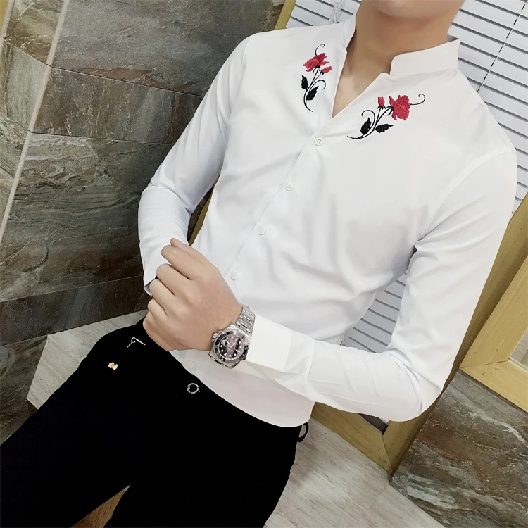 Рубашка с цветочной вышивкой, Camisa Hombre, Клубные, вечерние, свадебные, Chemise Homme Camisa Masculina, рубашка с длинным рукавом, мужская одежда