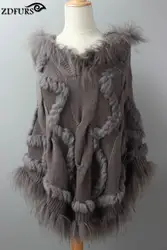 Повседневное реального Вязание Шерсть пончо с капюшоном енота Мех животных отделкой Женская мода однотонная шаль