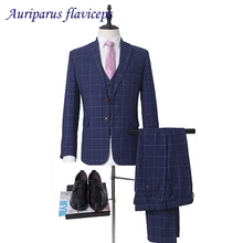 Модные Синие Клетчатые свадебные костюмы для мужчин высокого качества с одной пуговицей мужской костюм фрак 3 шт(куртка+ брюки+ жилет