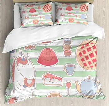 

Duvet Cover Set, Various Desserts in Cartoon Style Funny on Green Stripes Unicorn Eating Donut, 4 Piece Bedding Set