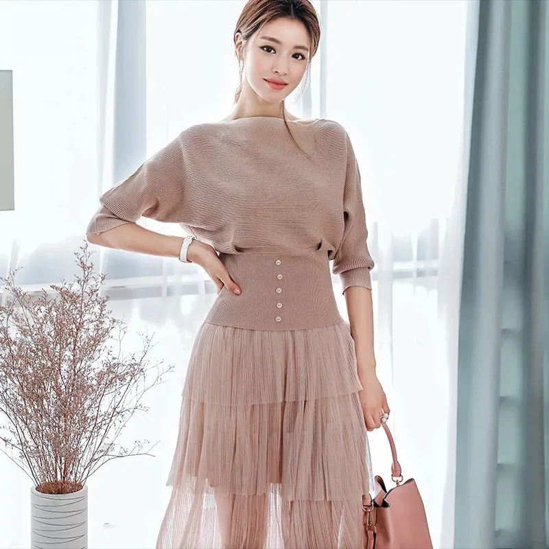 

new fashion temperament comfortable soft warm top shirt a-line skirt wild fresh high quality trend bouncy knit women sets
