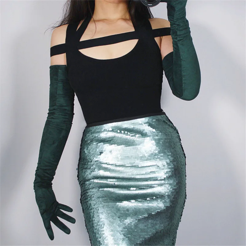 Женские замшевые перчатки 60 см Экстра длинные матовые шлифовальные замшевые имитация кожи темно-зеленый JPSL60 - Цвет: Dark green 70CM