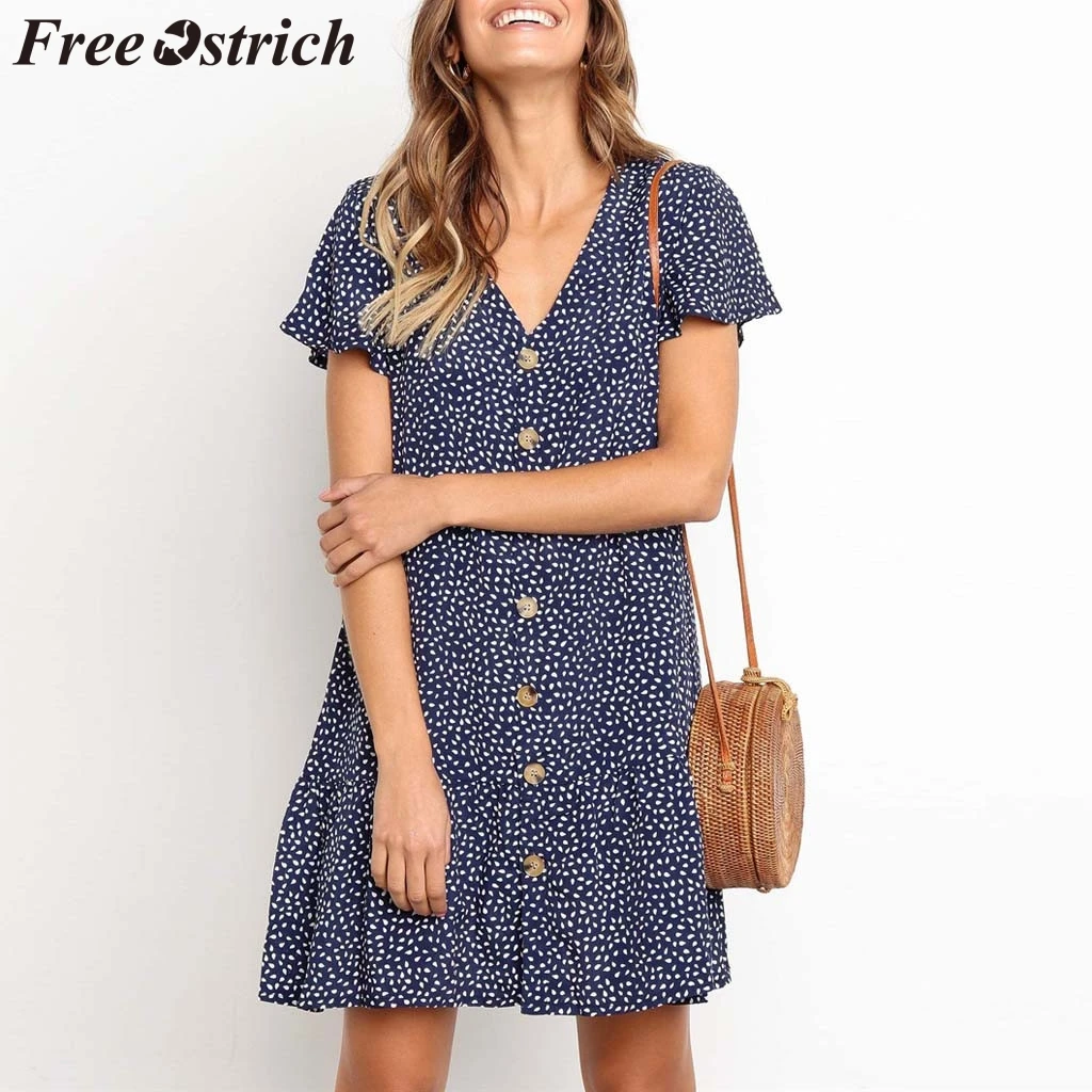 

Free Ostrich 2019 Women Button Printing Ruffles V Neck Sleeveless Mini Evening Party Dress Pastoral Style Chic Fresh Dress