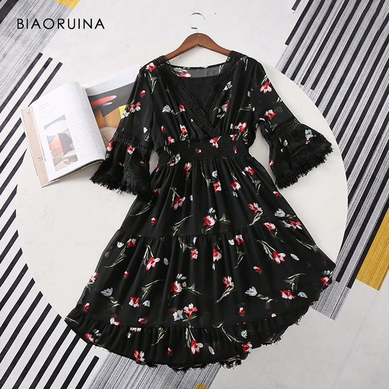 

BIAORUINA Women Beach Style Floral Printed Dress Hallow Out Lace Patchwork Tassels Flare Sleeve Women's High Waist V-neck Dress