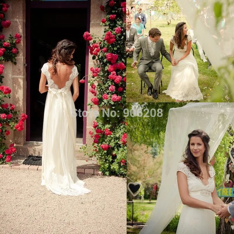

2016 Backless Lace Chiffon Garden Wedding Dresses Pregnant Empire V Neck Beads Sash Summer Beach Bridal Gowns Custom Sheer