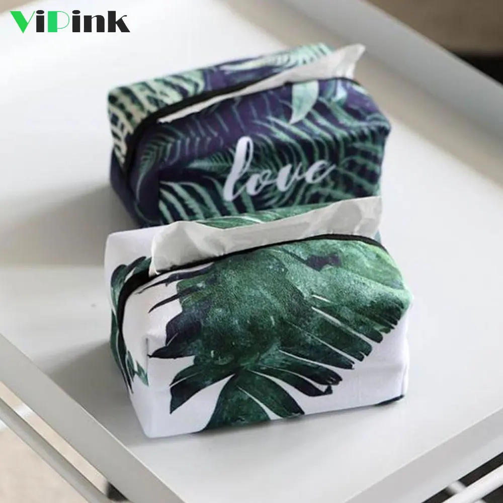 

Green Plant Flock Cloth Tissue Box Case Home Decoration Nordic Style Fern Leaves/Banana/Palm Leaf Print Napkin Holder Box Cover