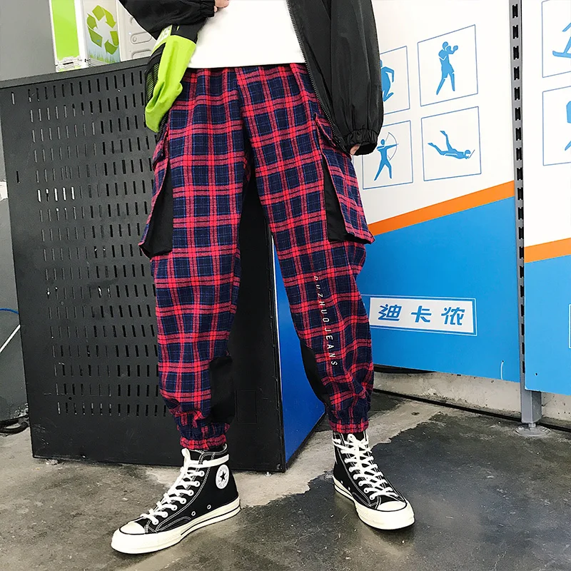 Pantalones Jogger de cuadros verdes rojos con bolsillo de carga para hombre|Pantalones  Harén| - AliExpress