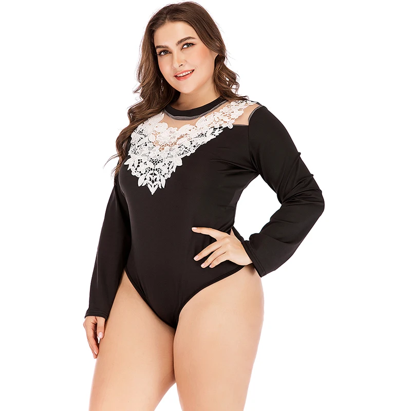 WHZHM Кружевное боди размера плюс 3XL 4XL с цветами женские комбинезоны длинным
