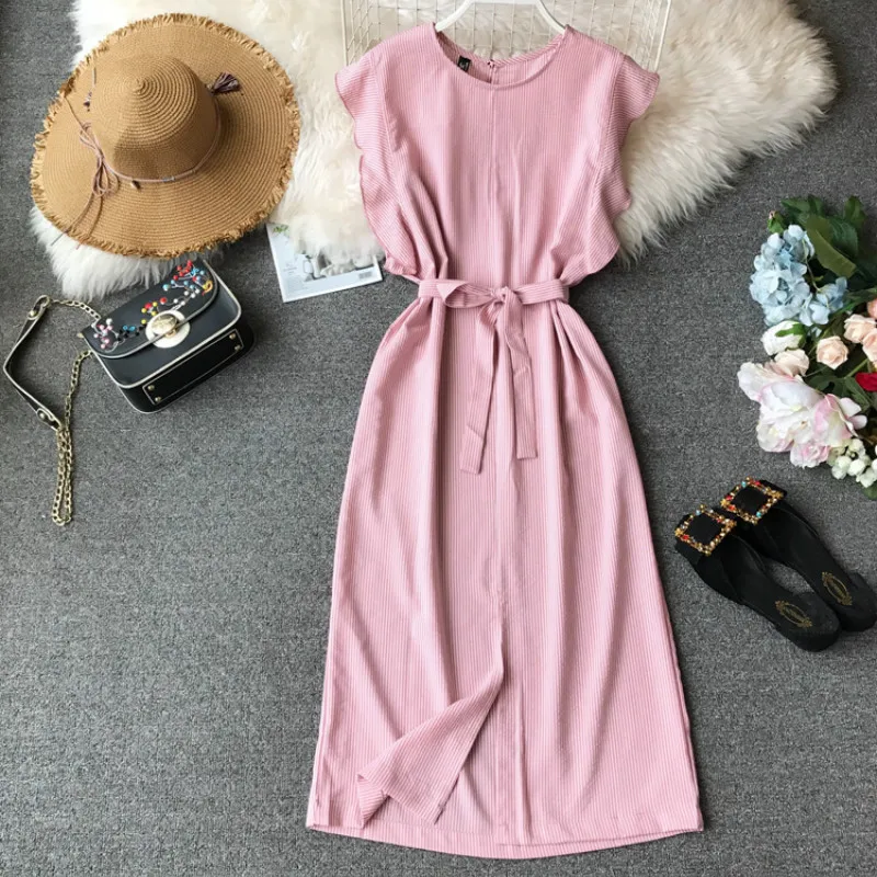 Neploe Korean Summer Irregular Slim Fit Girls Dresses Solid Lace Up Empire Vestidos Elegant Temperament Party cotton Dress 45598 - Цвет: pink