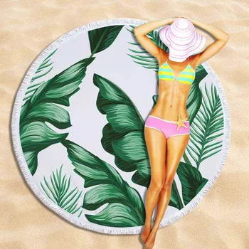 

150cm Round Beach Towel Microfiber SHOWER BATH TOWELS Green Plants Leaves Print Summer Swimming Shawl Yoga Mat with Tassel 500g