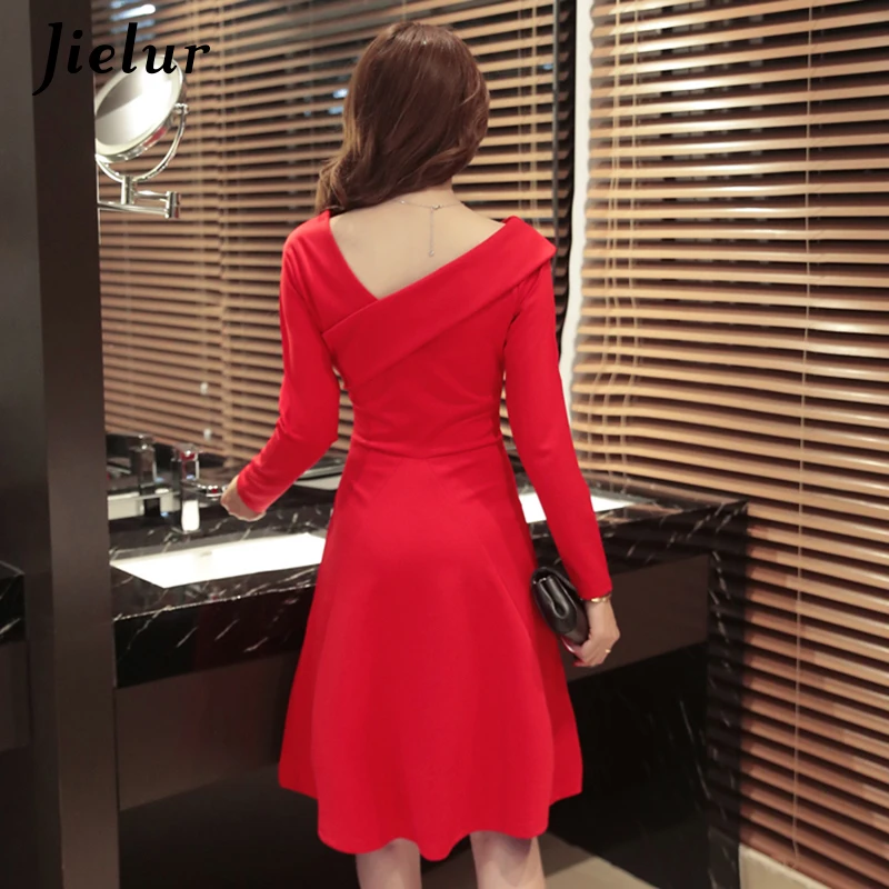 Jielur Color sólido vestidos de hombro S-XXL Rojo Negro otoño Vestido de manga larga rojo negro elegante Sexy Ropa Mujer dropship Jielur Color sólido vestidos de hombro S-XXL Rojo Negro otoño Vestido de manga larga rojo negro elegante Sexy Ropa Mujer dropship