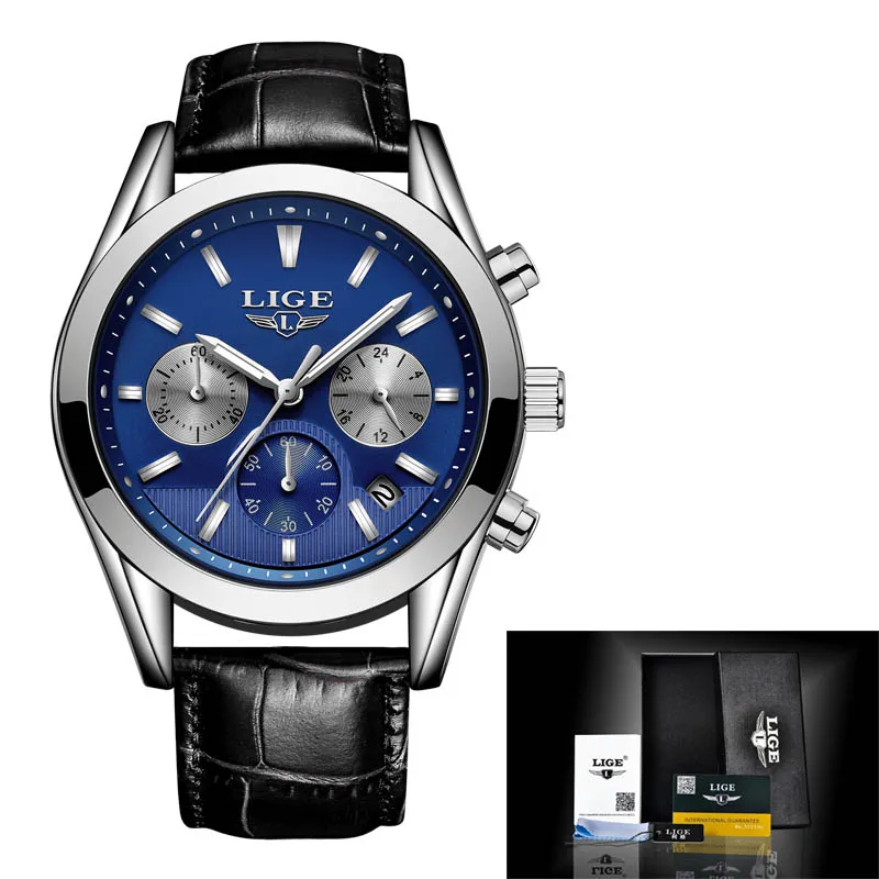 Relogio Masculino LIGE мужские s часы лучший бренд класса люкс модные повседневные кожаные часы водонепроницаемые кварцевые часы Мужские Спортивные Хронограф - Цвет: silver blue   L
