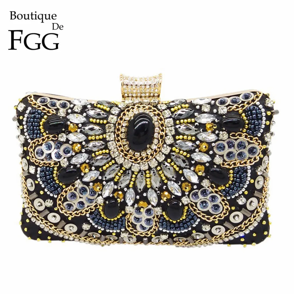 Boutique De FGG Винтаж Женский, Черный бисером вечерние клатчи, сумки дамские коробка металла клатчи Свадебный Коктейль сумки кошельки - изображение