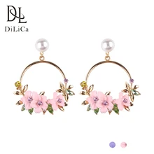 

DiLiCa Trendy Dangle Earrings Female Korean Style Imitation Pearl Flower Statement Earrings Women 2018 Geometric Earring