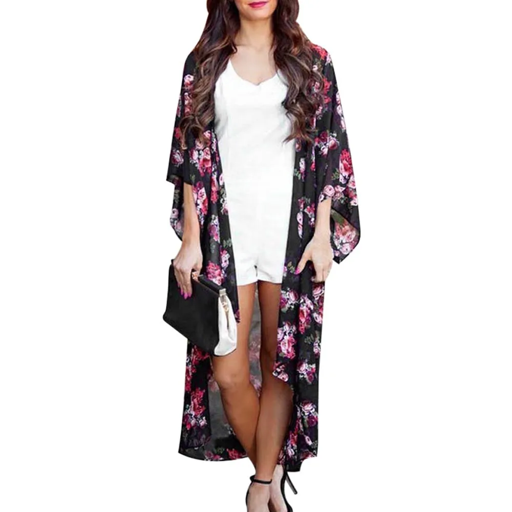 

Women Loose Floral Print black Ethnic Blouse Summer Casual Boho Chiffon Coat Shawl Kimono Cardigan Tops Plus Size Bohemian style
