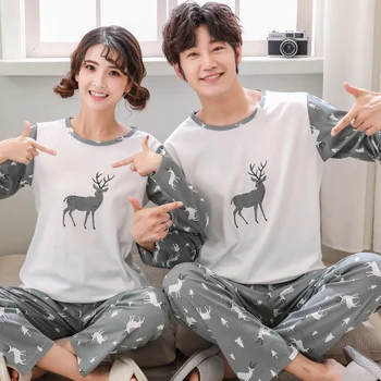 

Brand Autumn Cotton Couple Pajamas Women Cartoon Sleepwear Girl Pajama Sets Pijamas Mujer Lover Pyjamas Plus Size Home Clothing