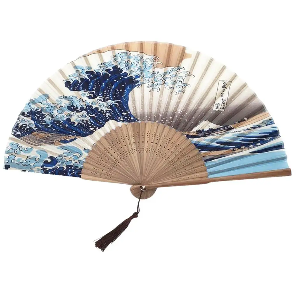 Japanese Waves Pattern Silk Bamboo Craft Fan Folding Hand Held Fan Art Prints Pocket Fan Home Decoration