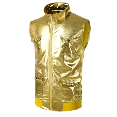 Мужская многокарманная Блестящая серебряная металлическая молния сценическая куртка без рукавов Повседневная Осенняя мода клубный Топ пальто - Цвет: BSV02 Gold