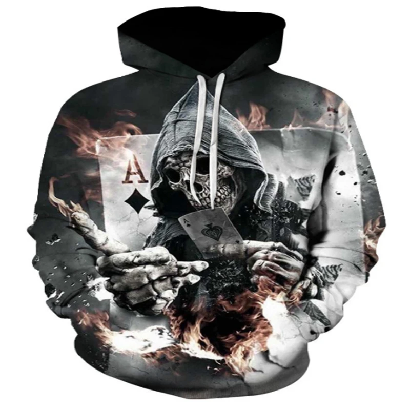 

2019 autumn and winter new men's ordinary thickness fashion casual hoodie 3D skull poker A printing pullover size S-5XL