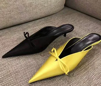 

Yellow Slip On Knife Toe Women Mules Butterfy Knot Satin Leather Shoes Kitten Heels Black Outdoor Fashion Slippers