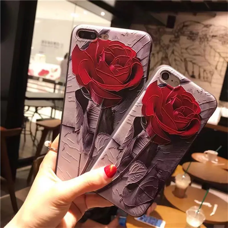Aoweziic Fashion Luxury Floral Painted Case For iPhone 6S Plus 3D Relief Beauty Flower 7 8Plus Cases Cover Fundas Coque