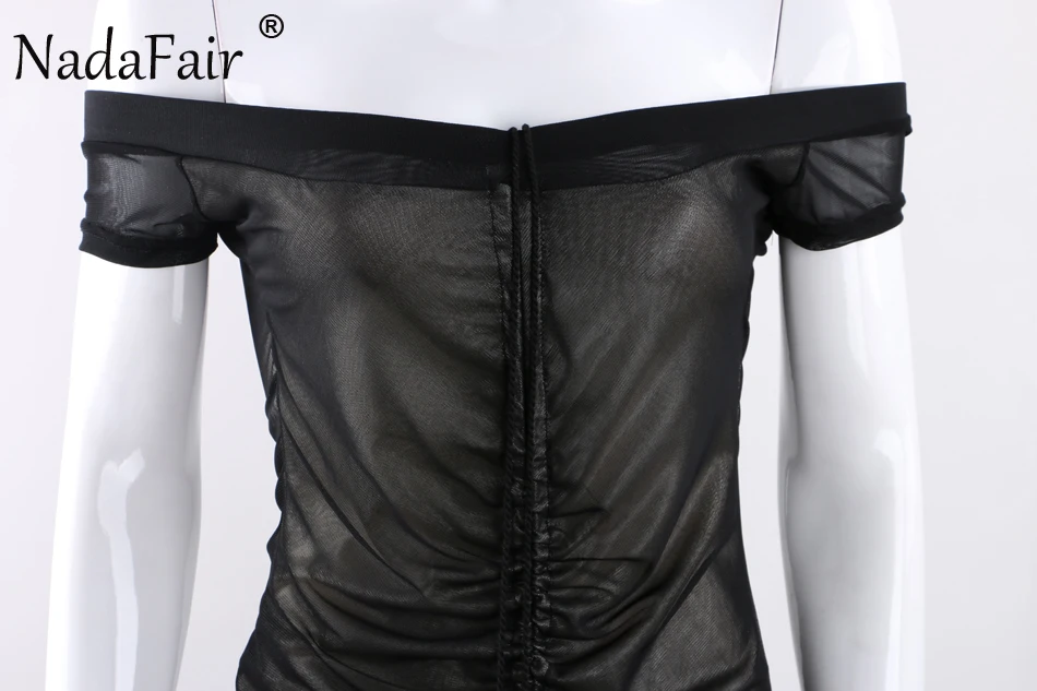 Nadafair с открытыми плечами регулируемые складки сексуальные Клубные облегающие платья для вечеринок белое черное Сетчатое платье