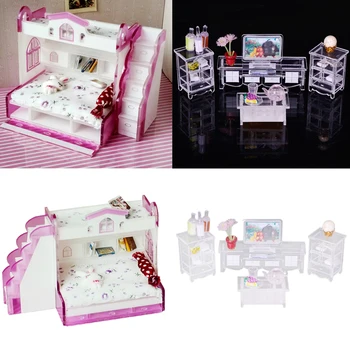 

ABS Miniature Bunk Bed & TV Cabinet End Table Set for 1/12 Dolls House Children Bedroom/ Living Room Furniture Life Scenes Decor
