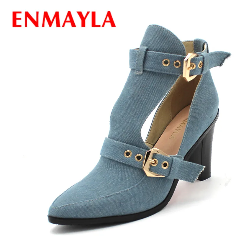 

ENMAYLA Denim Boots for Women Buckle Pointed Toe High Heel Ankle Boots New Summer Boots Fashion Breathable Banquet Martin Boots