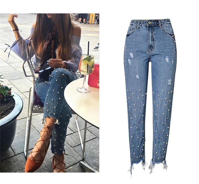 2017 fashion European and American women's high waist Slim straight pearl 3-color studs irregular feet tassel washed cowboy trousers (4)