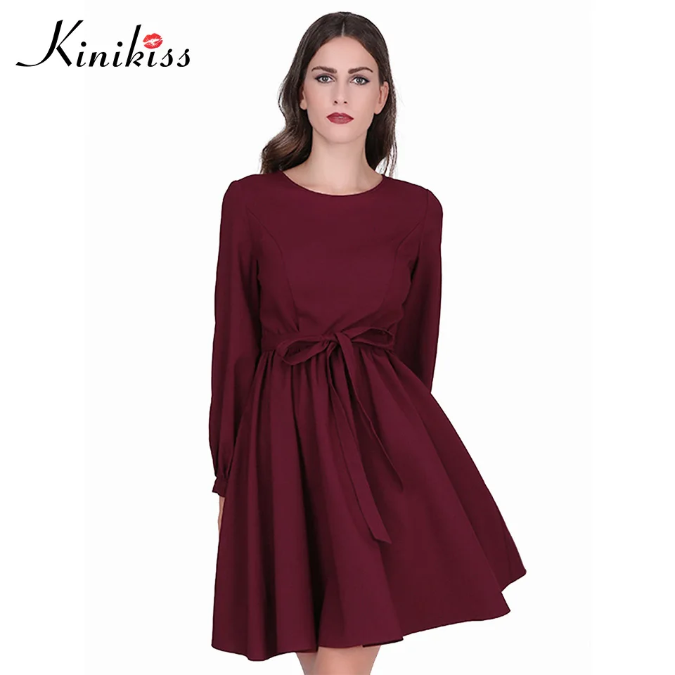 Women Long Sleeve Chiffon Dress Elegant Round Neck Dark Red Casual