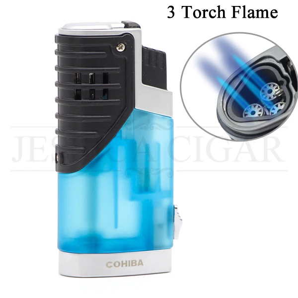 COHIBA гаджеты для мужчин прозрачная Бутановая газовая зажигалка Winproof 3 струйная Зажигалка факела сигарета курительные зажигалки для сигар - Цвет: Blue 3 Torch Flame