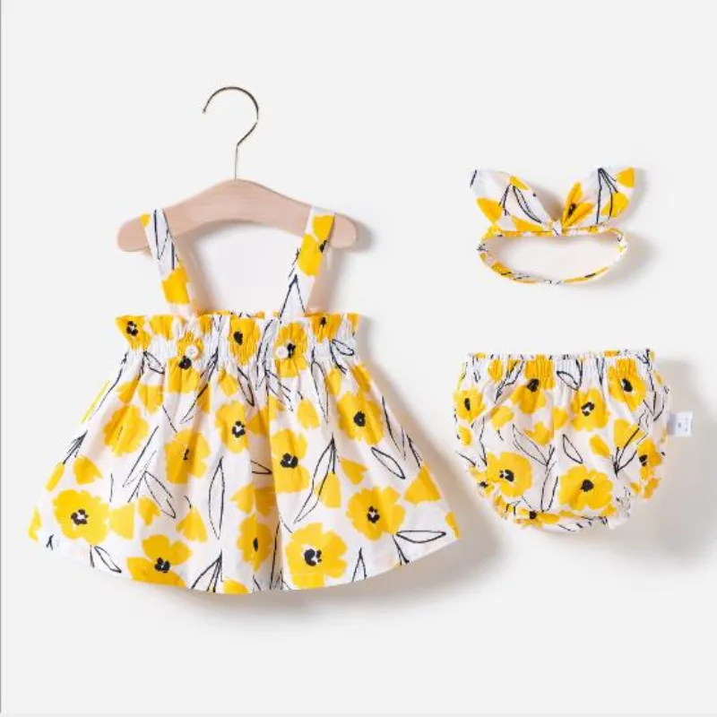 

New baby flower sling sweet princess dress + shorts + headwear three-piece baby girl summer cute dress